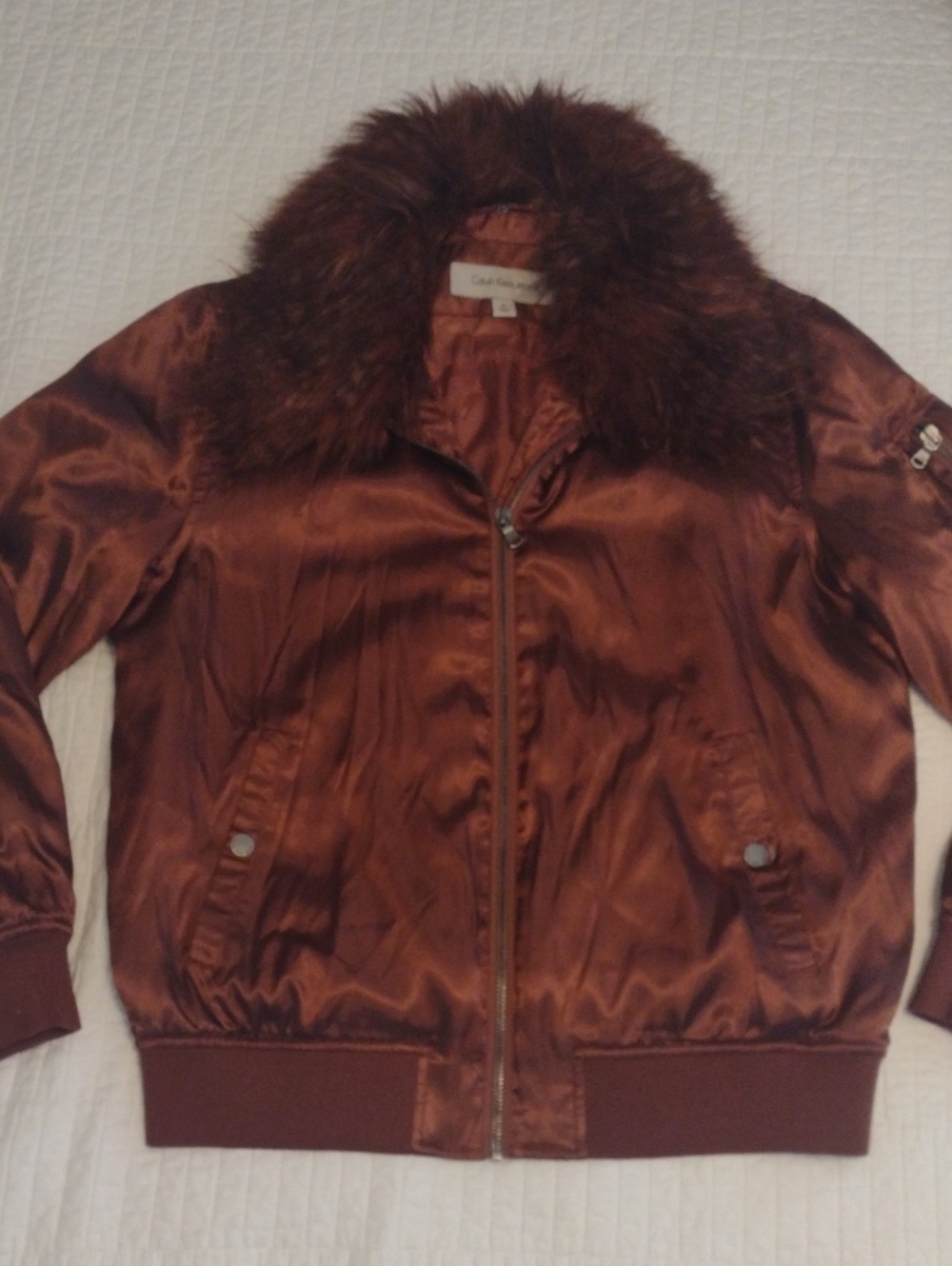 Satin Look Bomber Jacket Women's M Rust Detachable Faux Fur Collar Calvin Klein